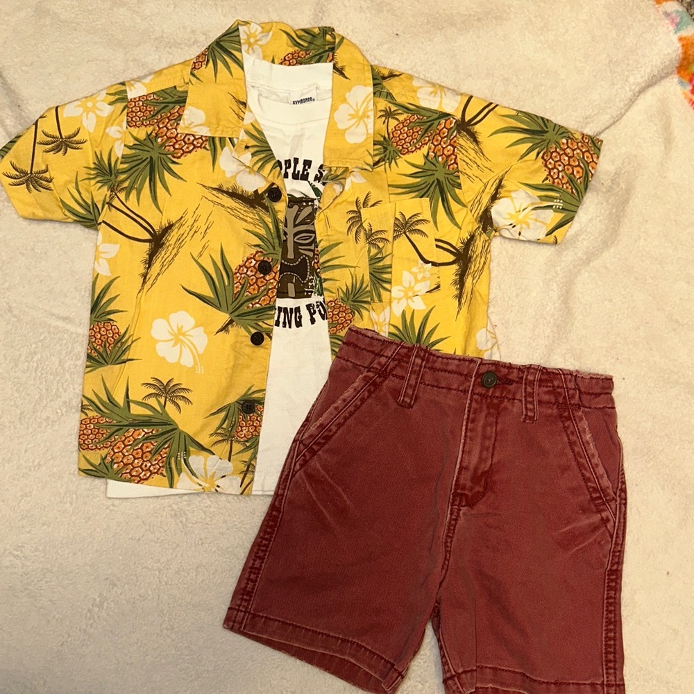 VINTAGE GYMBOREE TROPICAL PINEAPPLE BUTTON DOWN & TEE SHIRT & TCP SHORTS 2T 2